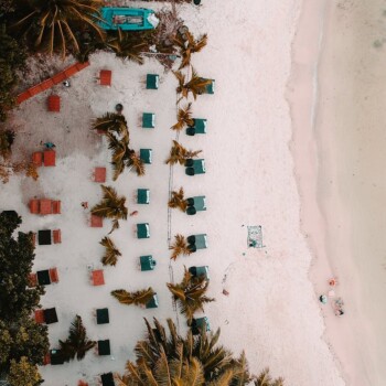 Aerial view of a tropical beach with sun loungers, palm trees, and white sand in the Andaman Islands.